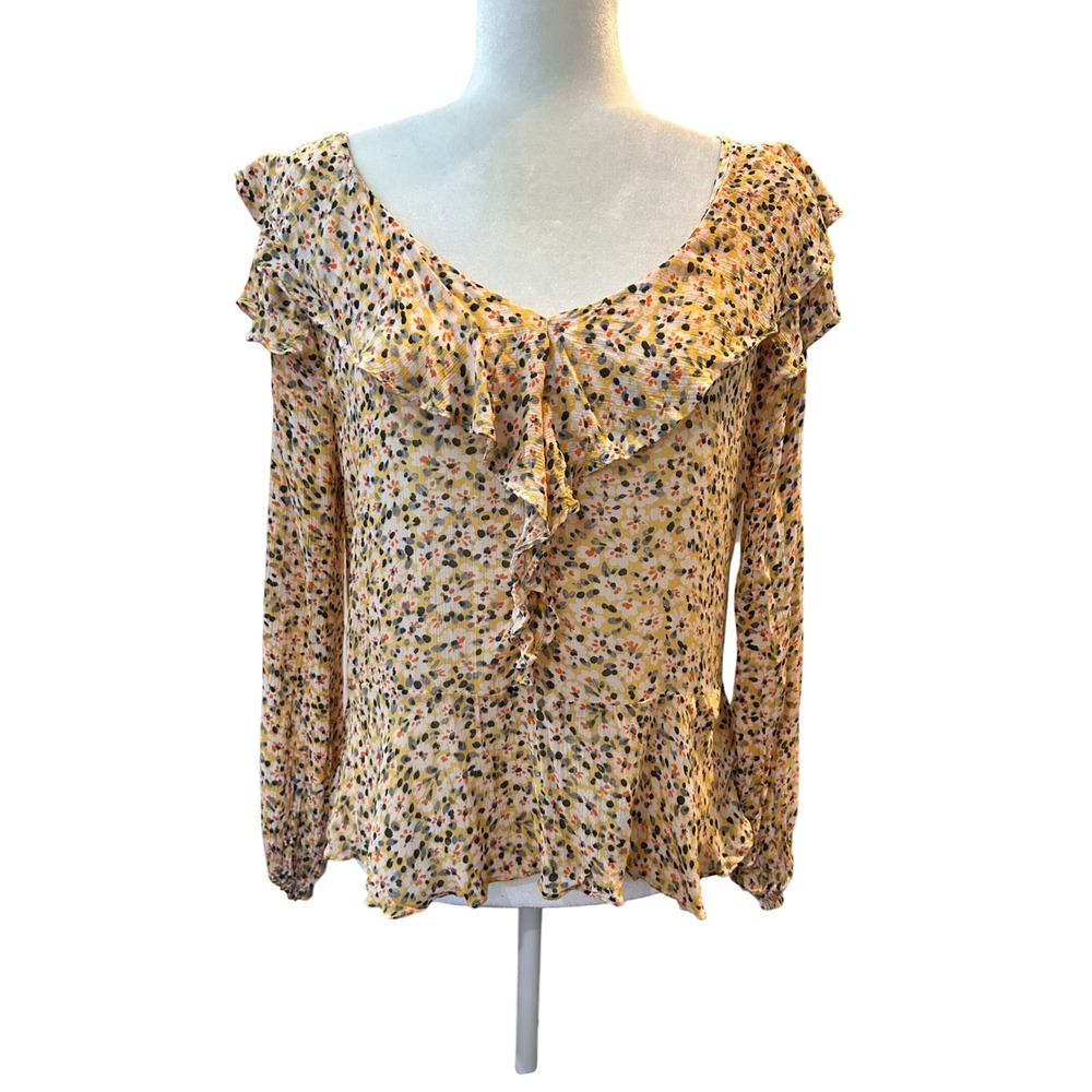 Democracy Ruffle Blouse Womens Small Floral Print Long Sleeve‎